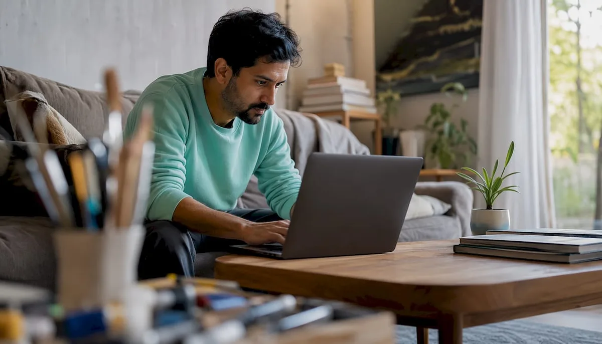 Artist resizing an image on a laptop at a home office desk